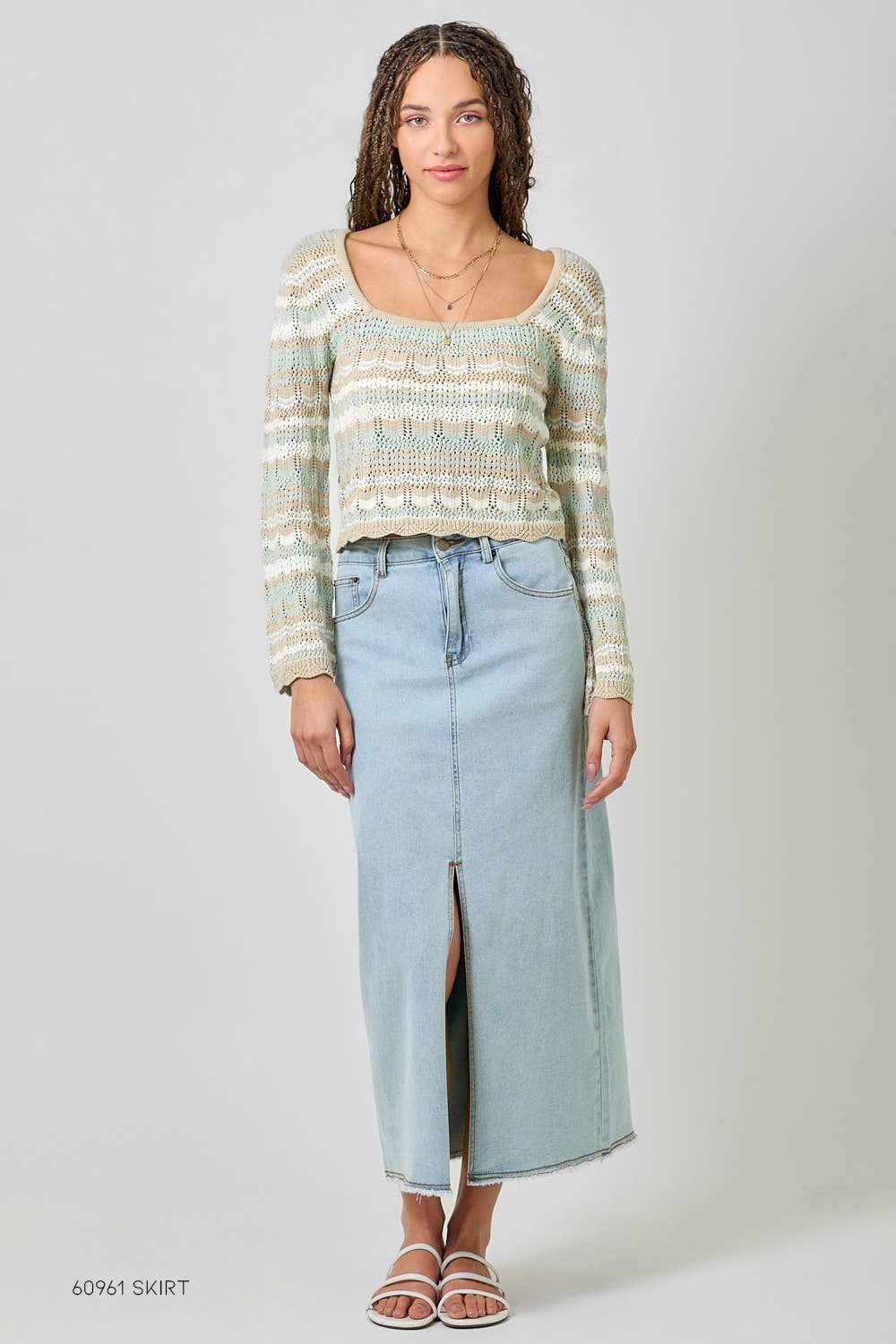 61079 Long Sleeve Square Neck Eyelet Knit Top: Oatmeal/Lavender / Large