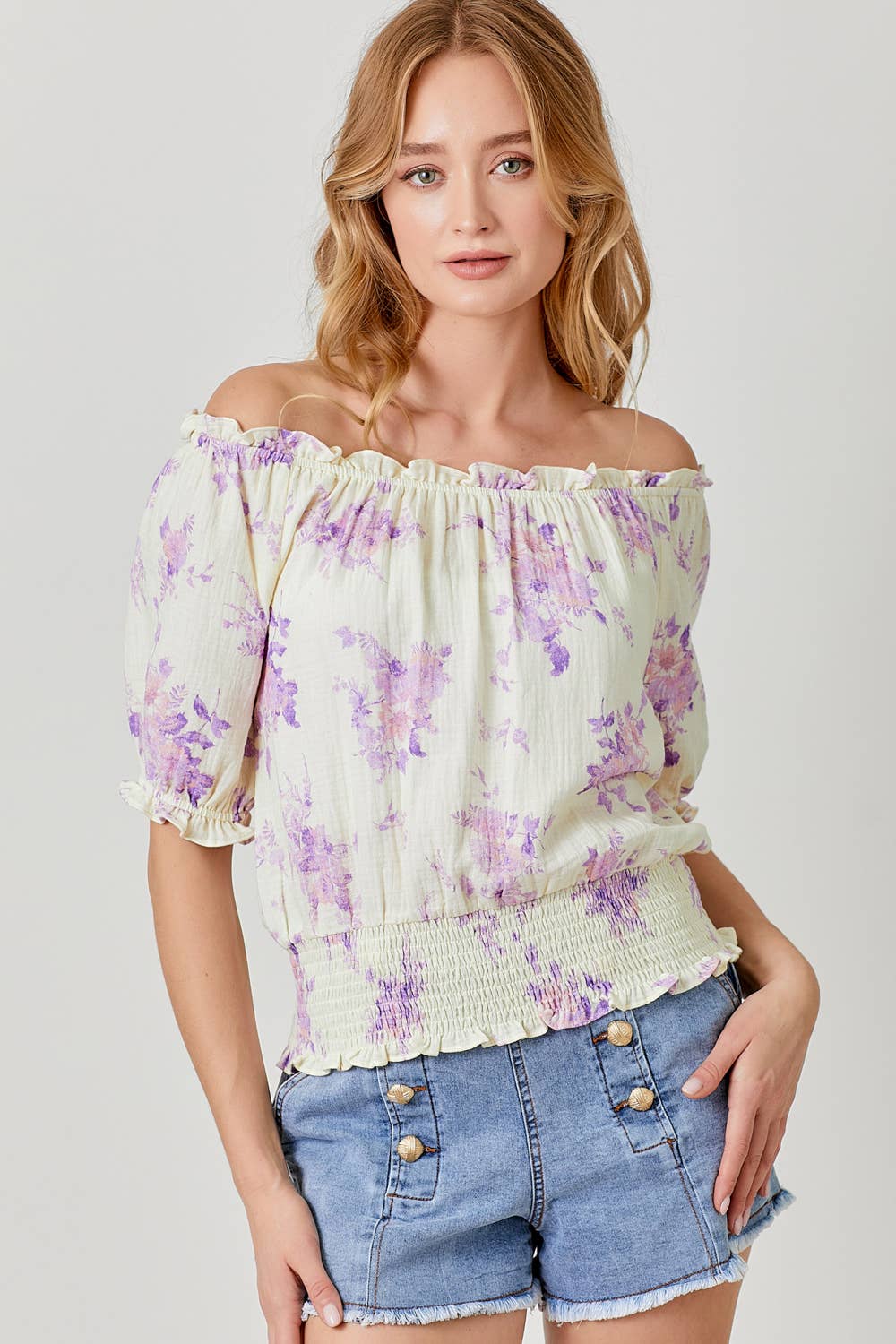 60670 Floral On and Off Shoulder Top: Ivory / Small