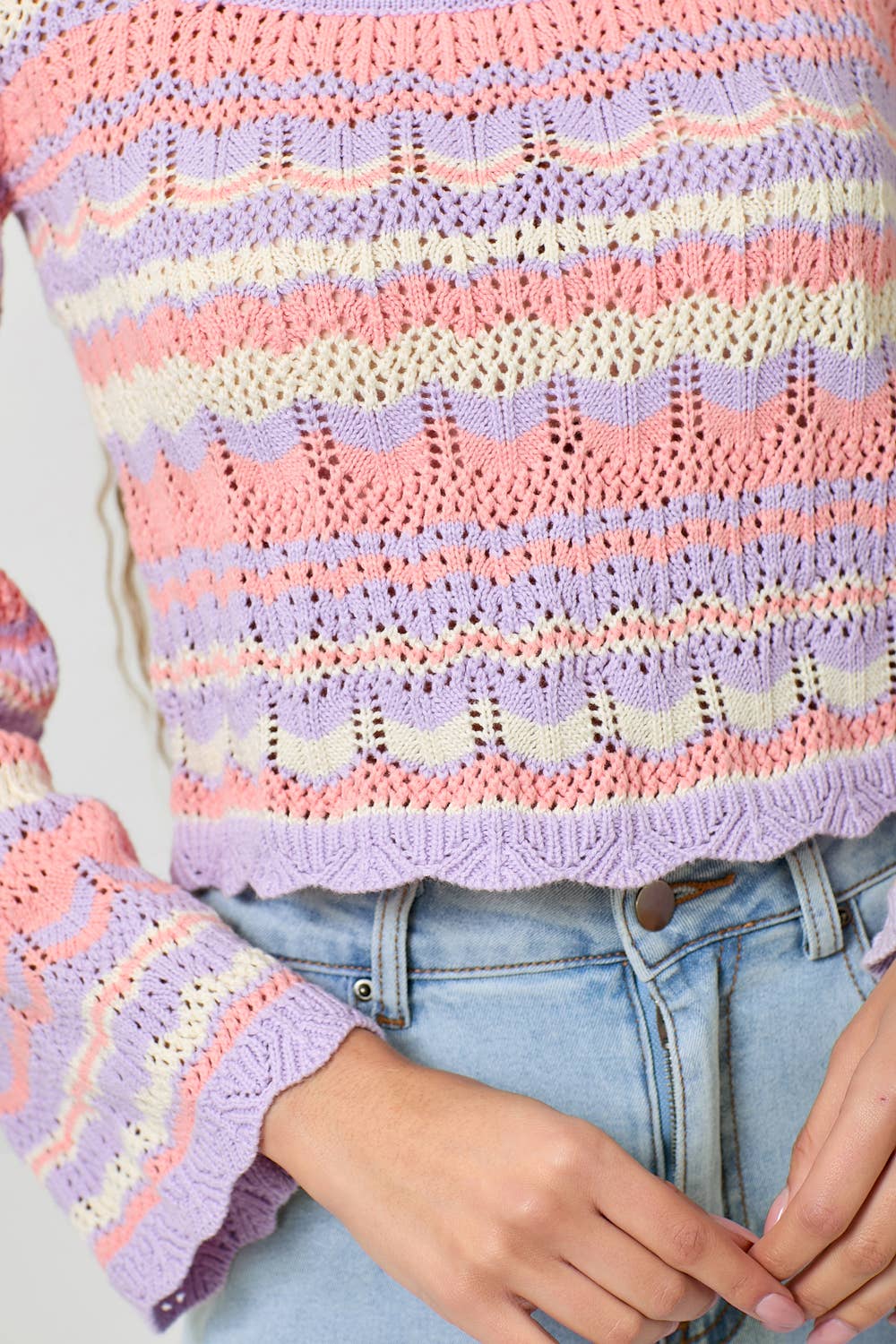 61079 Long Sleeve Square Neck Eyelet Knit Top: Oatmeal/Lavender / Large