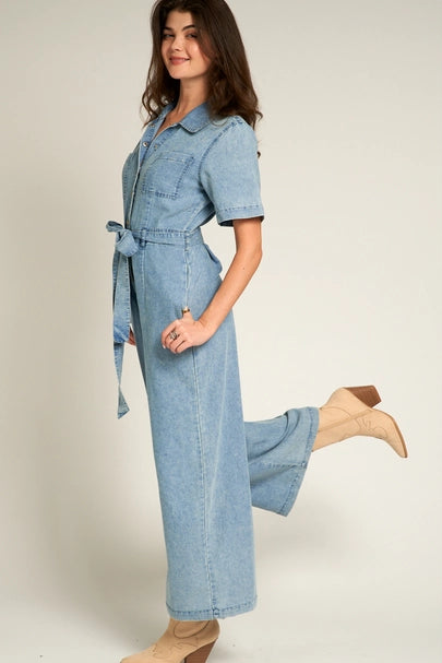 Short Sleeve Denim Tencel Jumpsuit