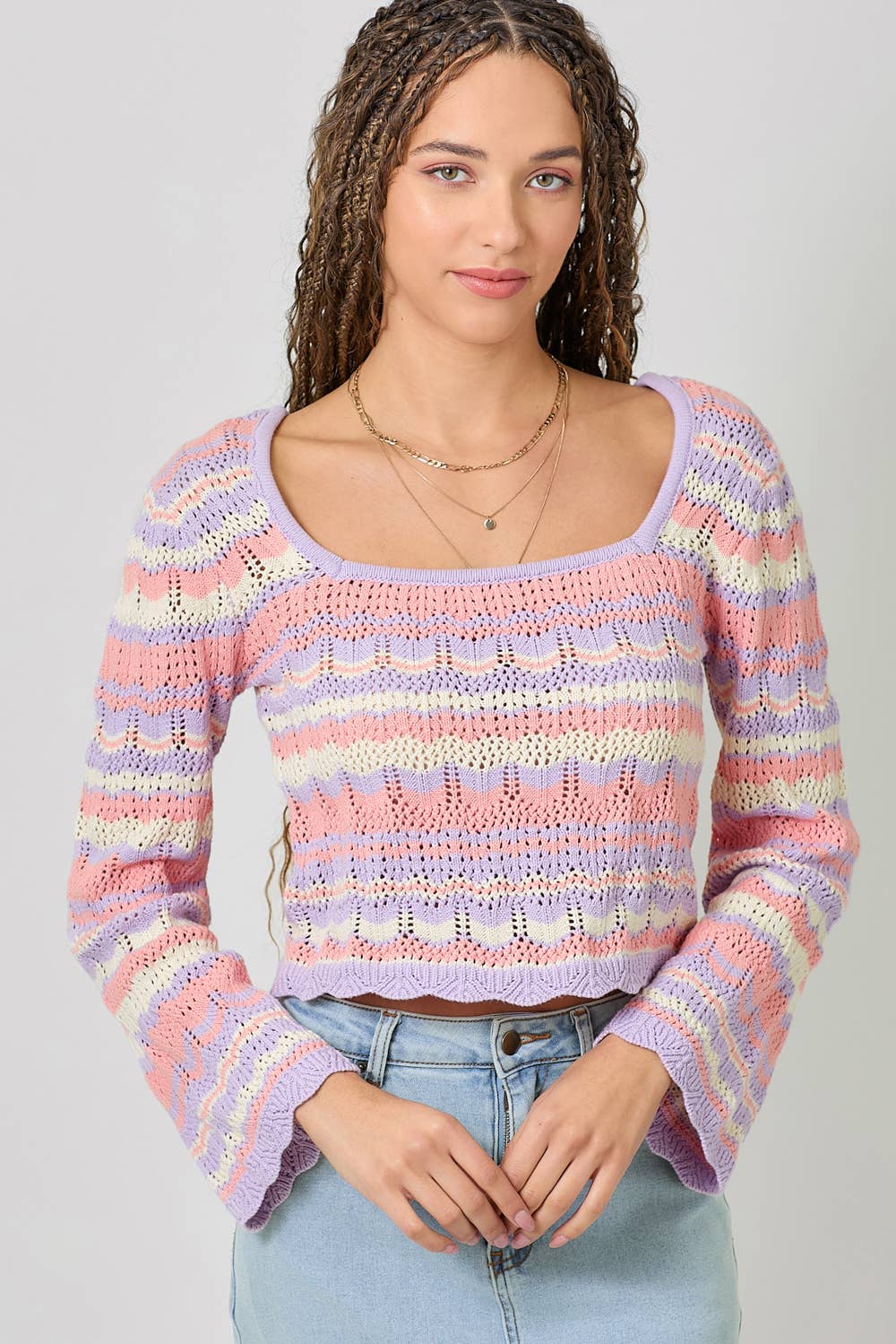 61079 Long Sleeve Square Neck Eyelet Knit Top: Oatmeal/Lavender / Large