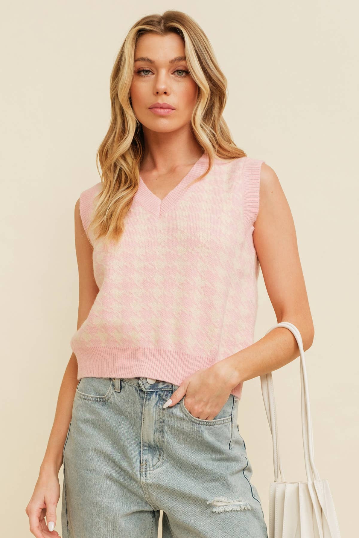 CSW11456A - HOUNDSTOOTH SWEATER VEST: Pink / L