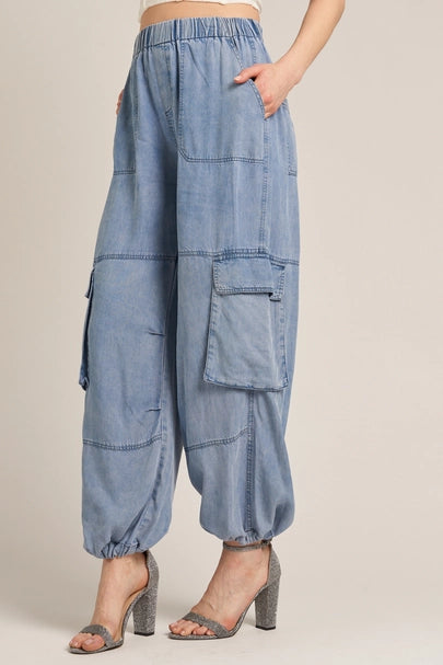 Elastic Waistband Tencel Cargo Pants