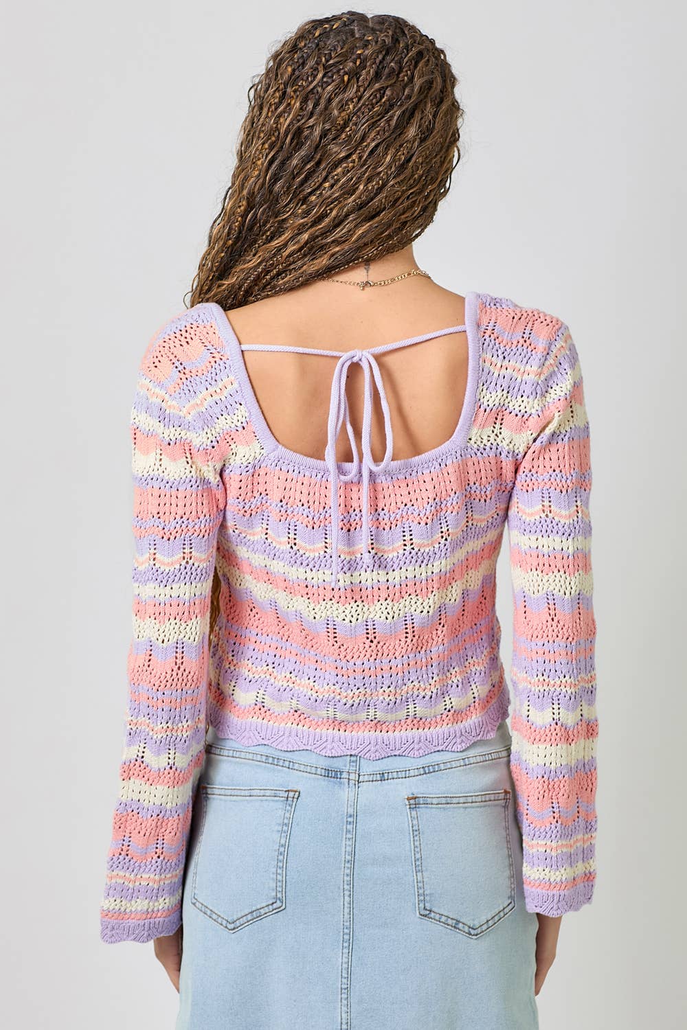 61079 Long Sleeve Square Neck Eyelet Knit Top: Oatmeal/Lavender / Large