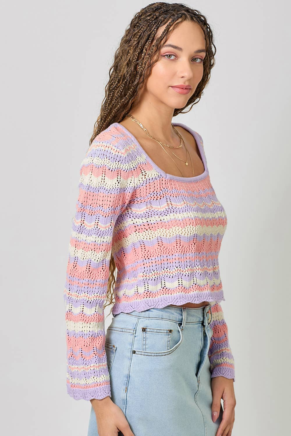 61079 Long Sleeve Square Neck Eyelet Knit Top: Oatmeal/Lavender / Large