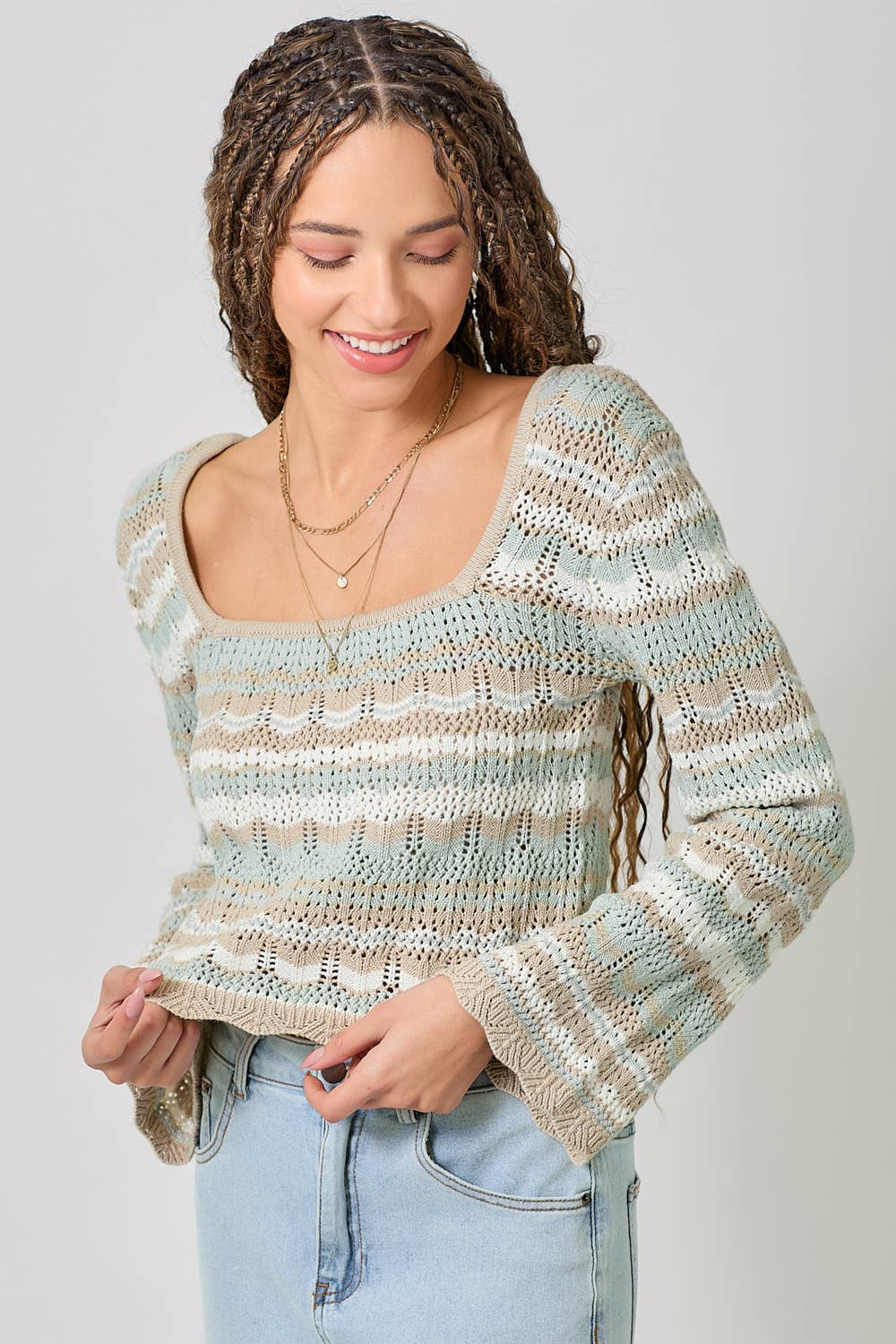 61079 Long Sleeve Square Neck Eyelet Knit Top: Oatmeal/Lavender / Large
