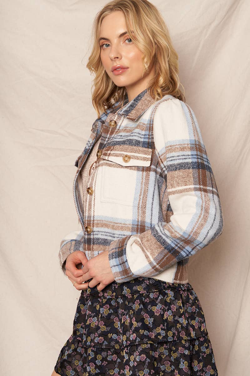 Plaid Button Down Jacket : Blue Brown / L