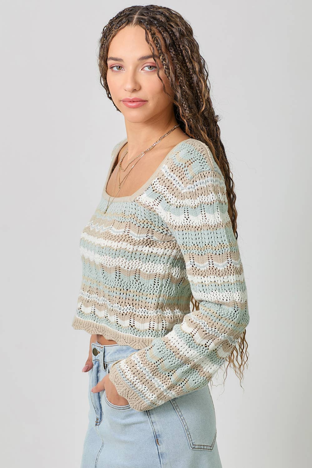 61079 Long Sleeve Square Neck Eyelet Knit Top: Oatmeal/Lavender / Large