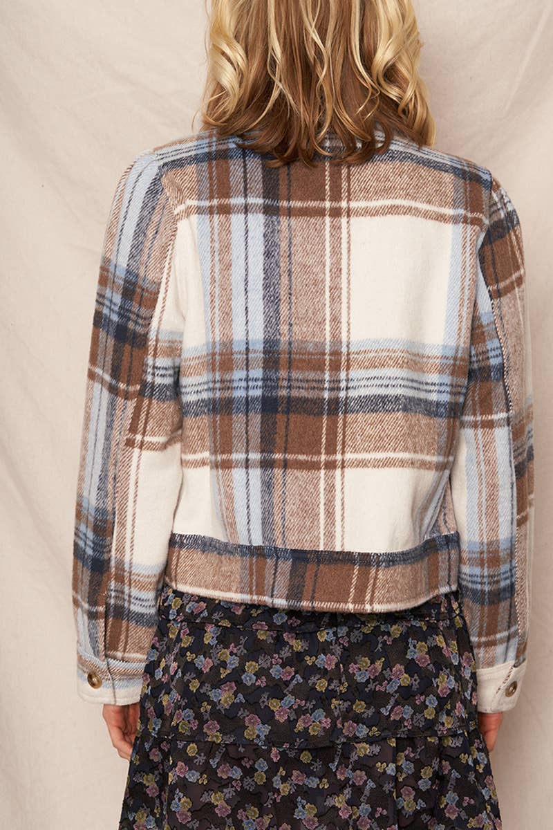 Plaid Button Down Jacket : Blue Brown / L