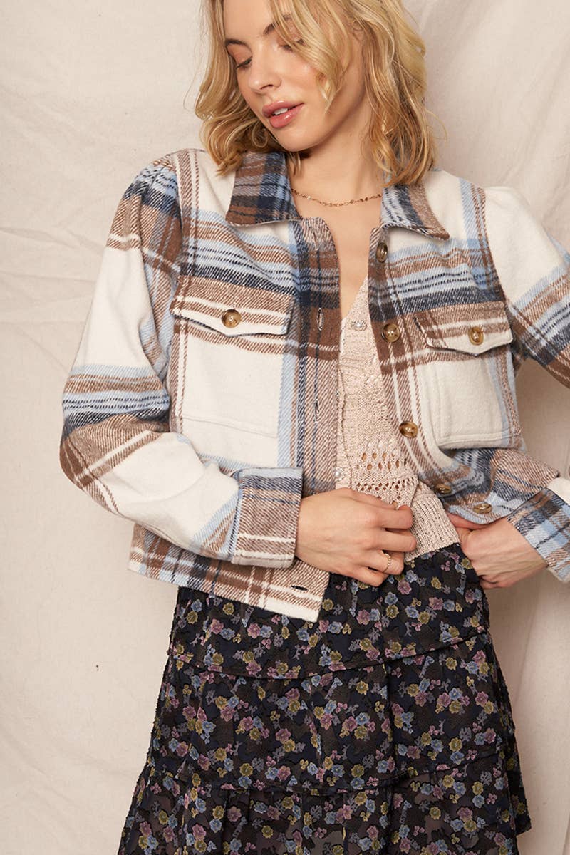 Plaid Button Down Jacket : Blue Brown / L