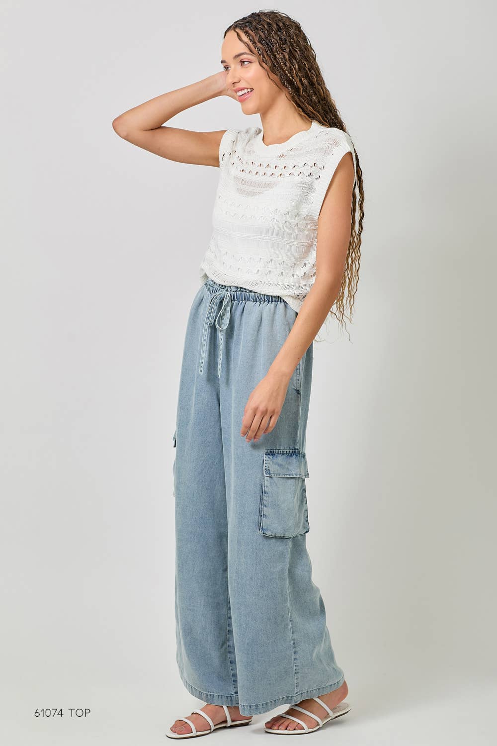 60938 Tencel Wide Leg Cargo Pants: Denim Blue / Large