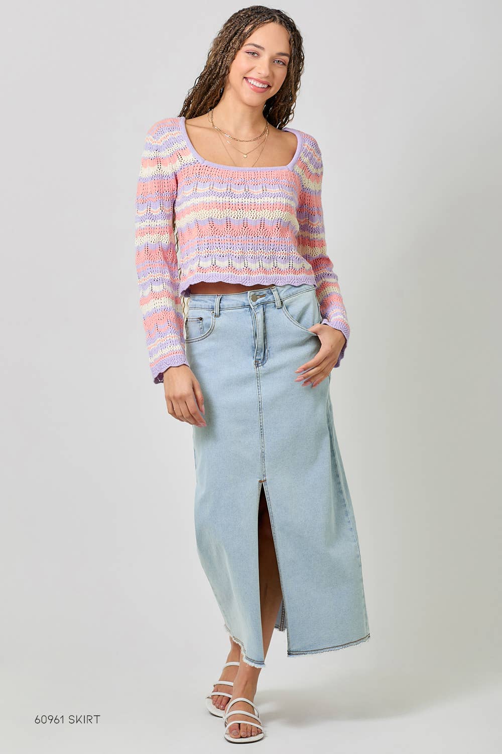 61079 Long Sleeve Square Neck Eyelet Knit Top: Oatmeal/Lavender / Large