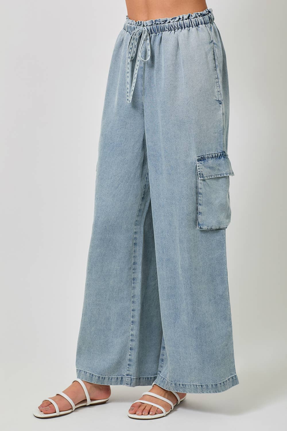 60938 Tencel Wide Leg Cargo Pants: Denim Blue / Large