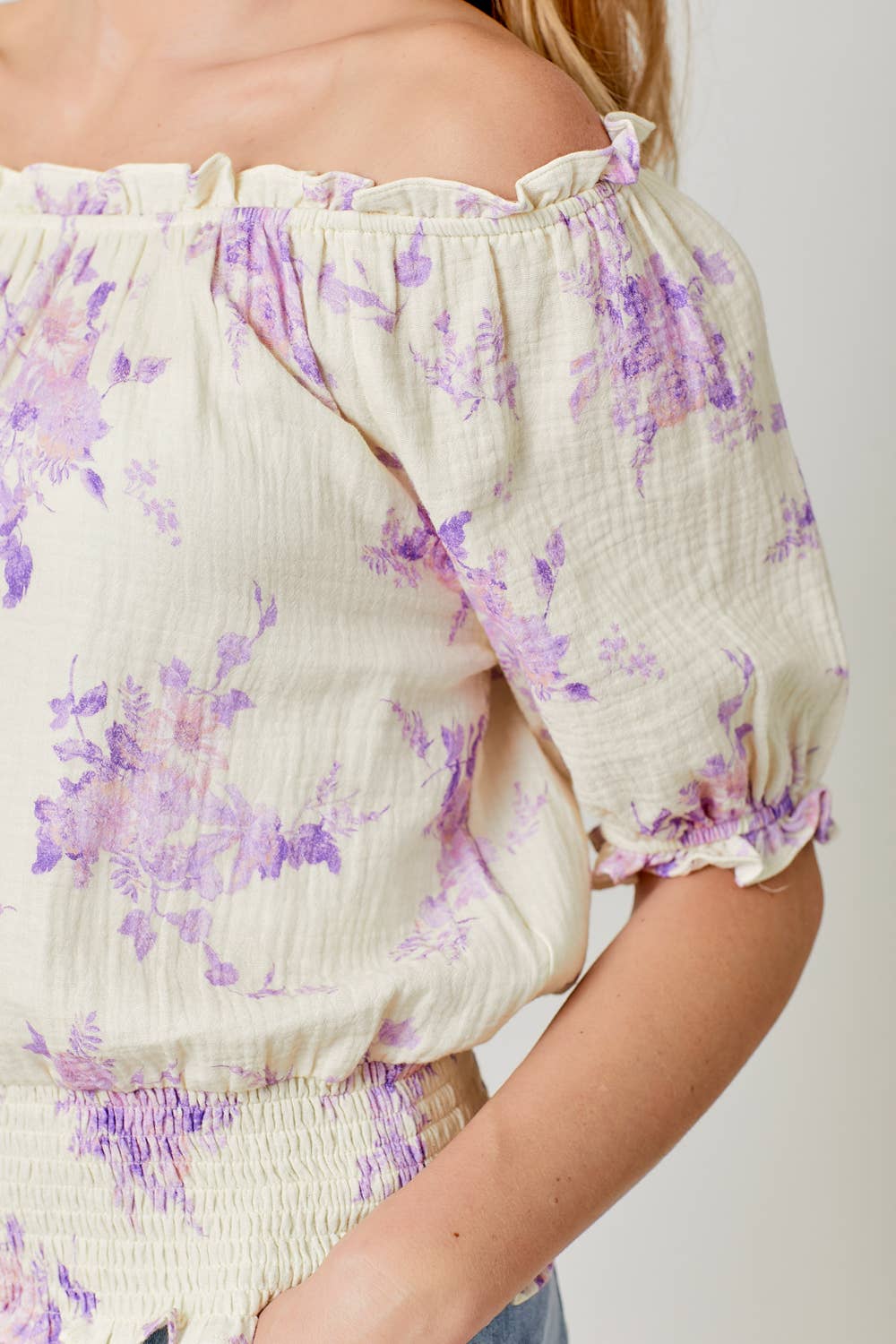 60670 Floral On and Off Shoulder Top: Ivory / Small