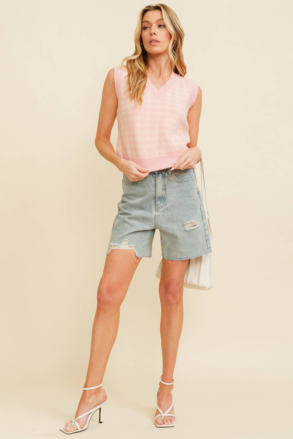 CSW11456A - HOUNDSTOOTH SWEATER VEST: Pink / L