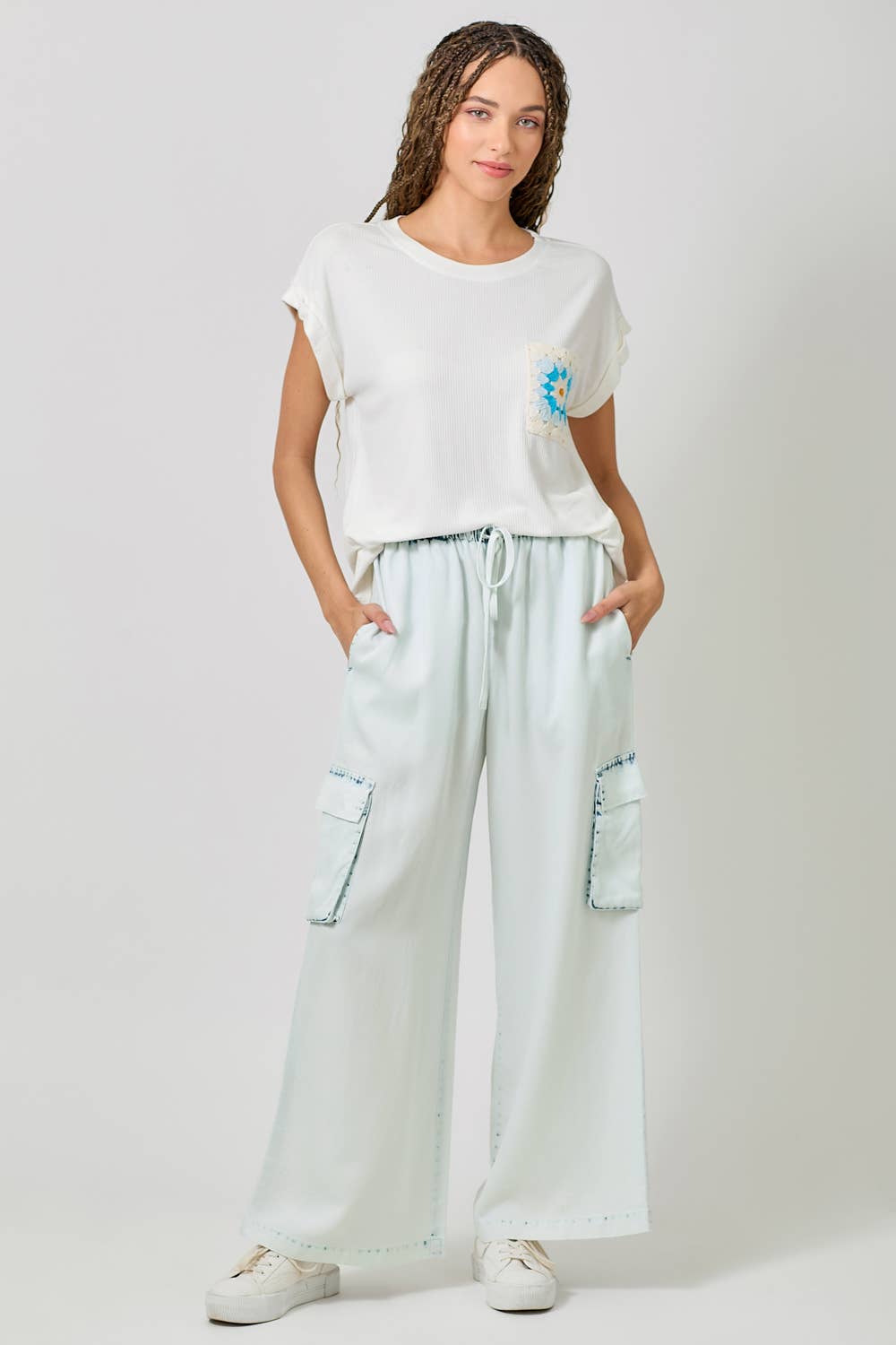 60938 Tencel Wide Leg Cargo Pants: Denim Blue / Large