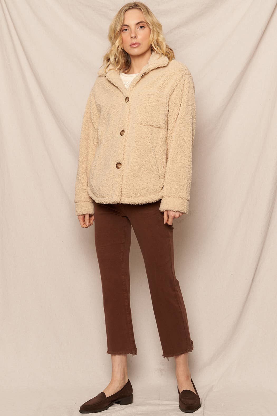 Oversized Faux Fur Sherpa Jacket: OATMEAL / L