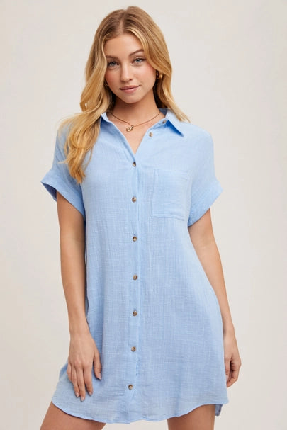 Button Up Shirt Dress with Pocket