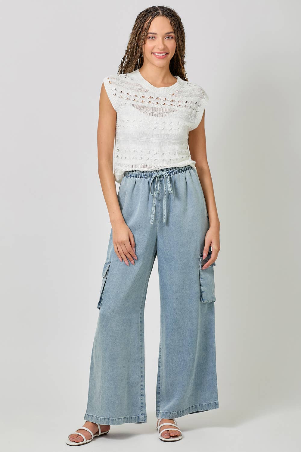 60938 Tencel Wide Leg Cargo Pants: Denim Blue / Large