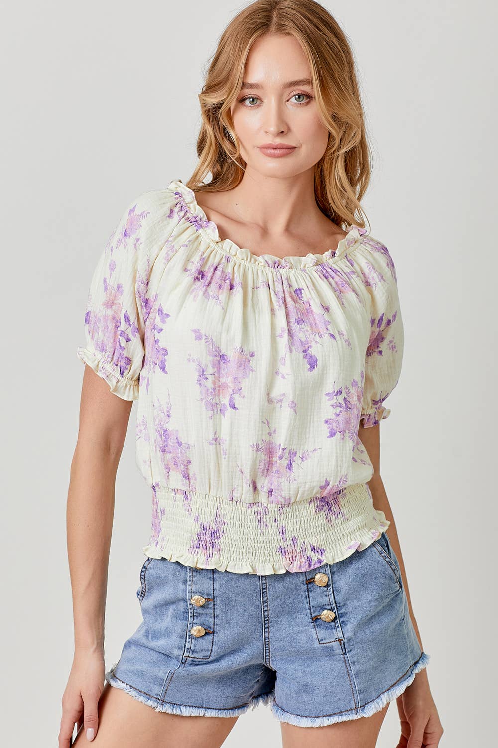 60670 Floral On and Off Shoulder Top: Ivory / Small