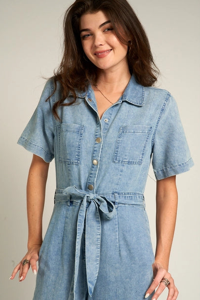 Short Sleeve Denim Tencel Jumpsuit