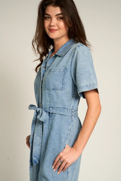 Short Sleeve Denim Tencel Jumpsuit